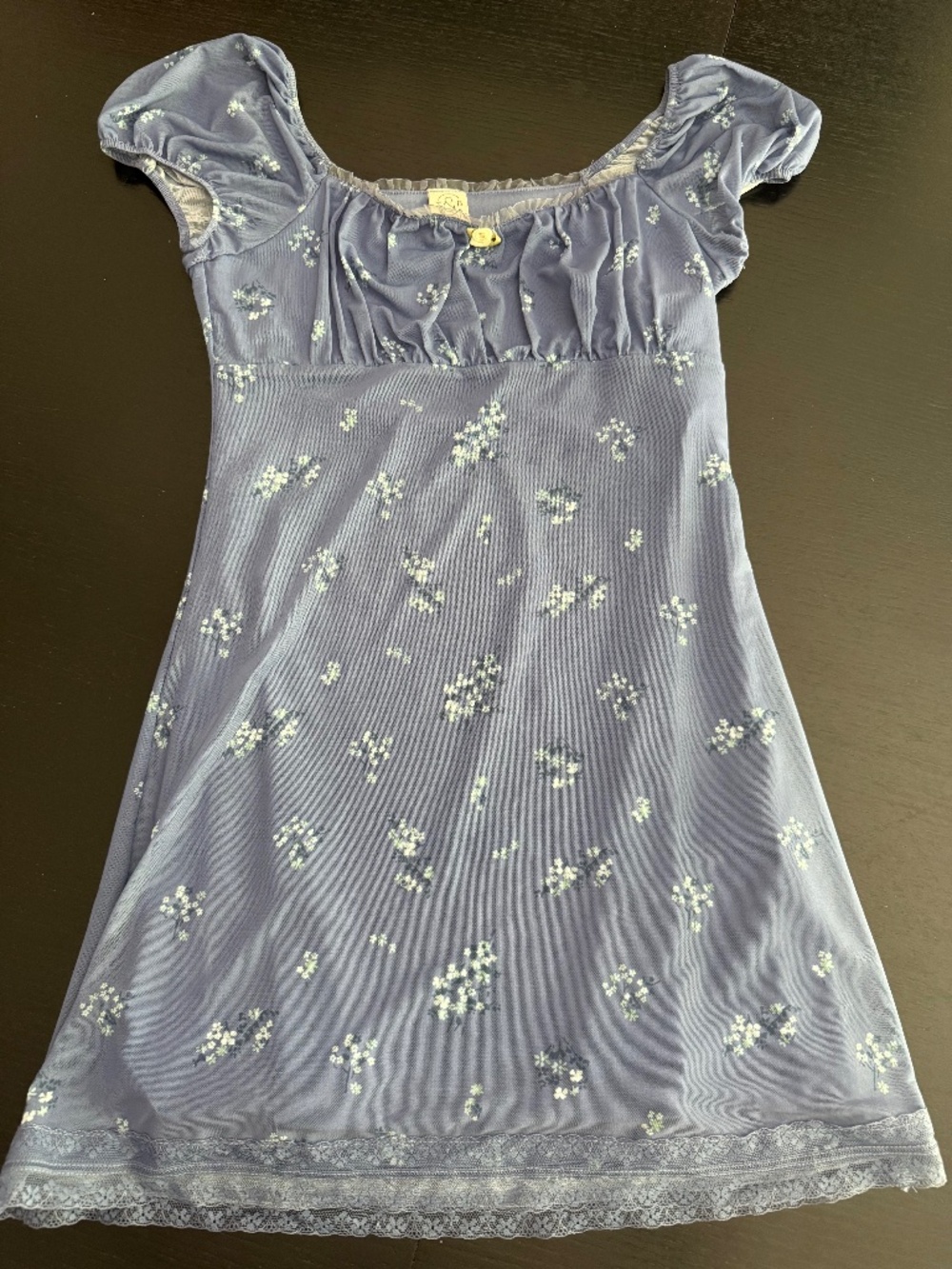 T & B Girls Blue Floral Dress Lace Trim Puff Sleeve Size M 8/10